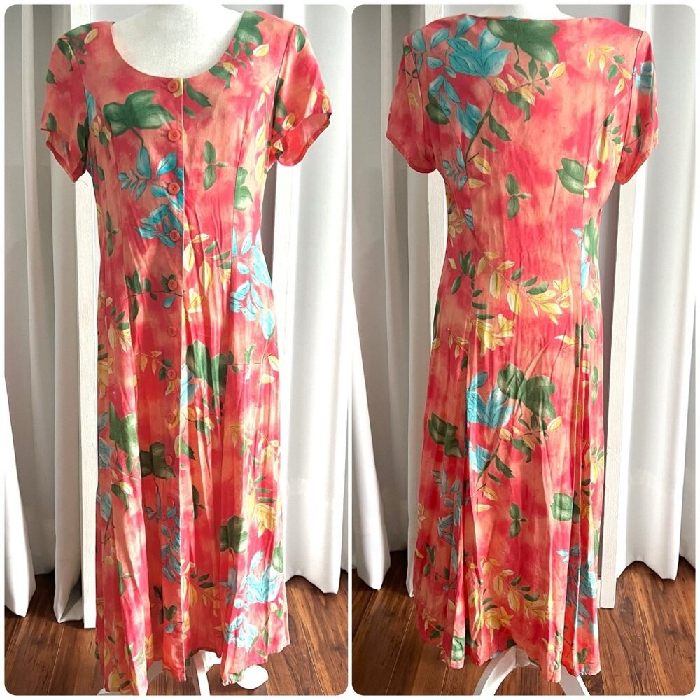 Vintage K.C. Spencer New York Pink Floral Hawaiian Button-Front Maxi Dress sz L